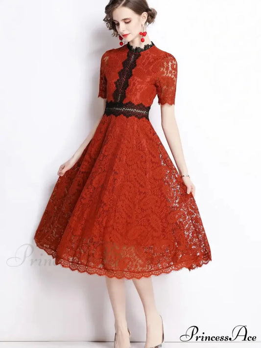 Burgundy Lace Dress with Short Sleeves and Mock Neck XS / Blue