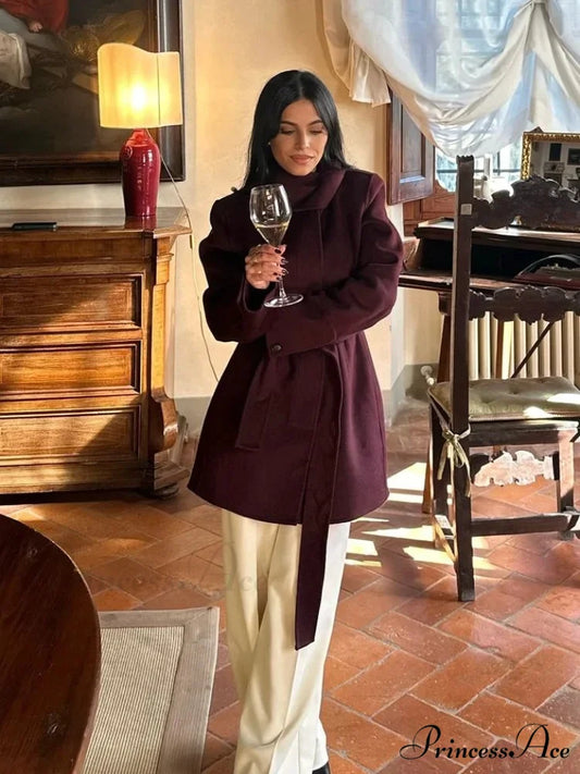 Burgundy Lace-Up Wool Coat Burgundy / XS