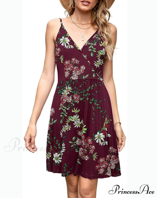 Burgundy Ladies Fashion Print V-Neck Strap Backless Satin Dress