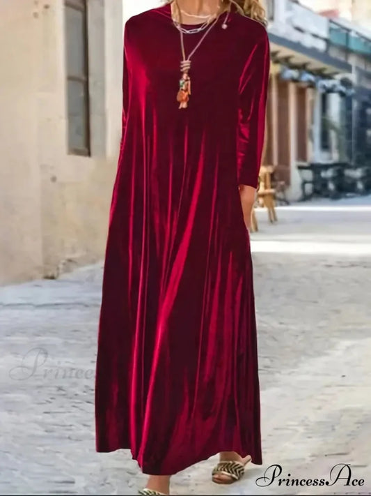 Burgundy Long Sleeve Round Neck Loose Maxi Dress with Velvet Detail M / Burgundy