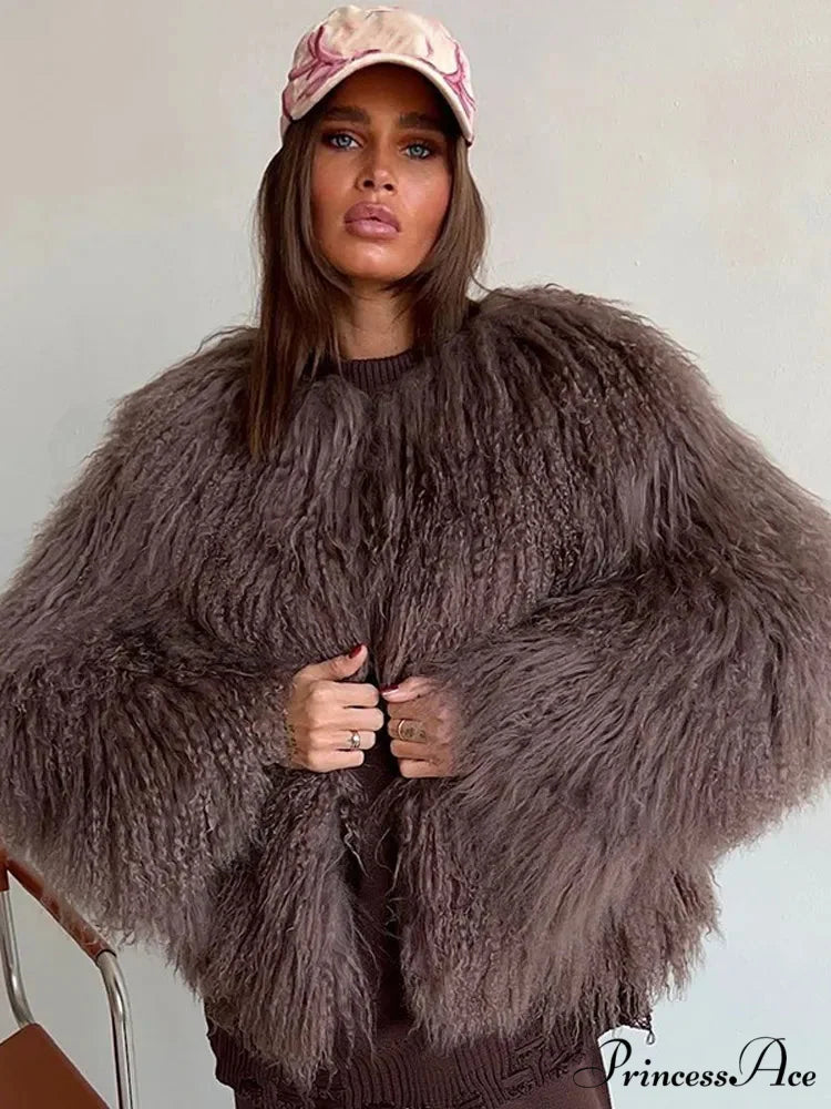 Burgundy Oversized Faux Fur Coat Brown / S