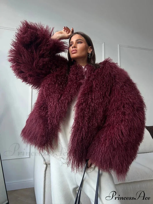 Burgundy Oversized Faux Fur Coat Burgundy / S
