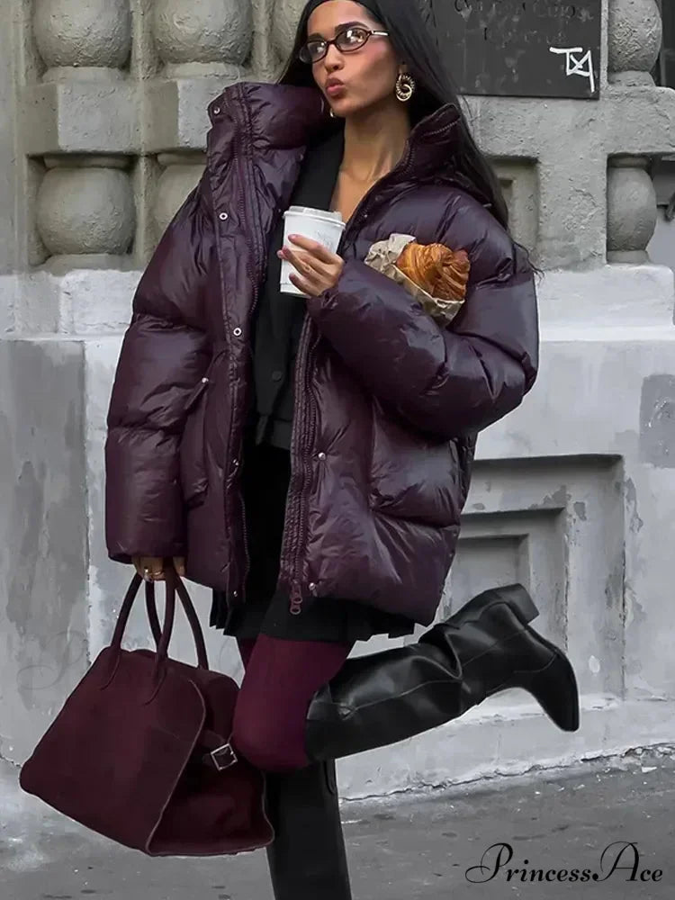 Burgundy Red Lapel Zipper Coat Dark red / S