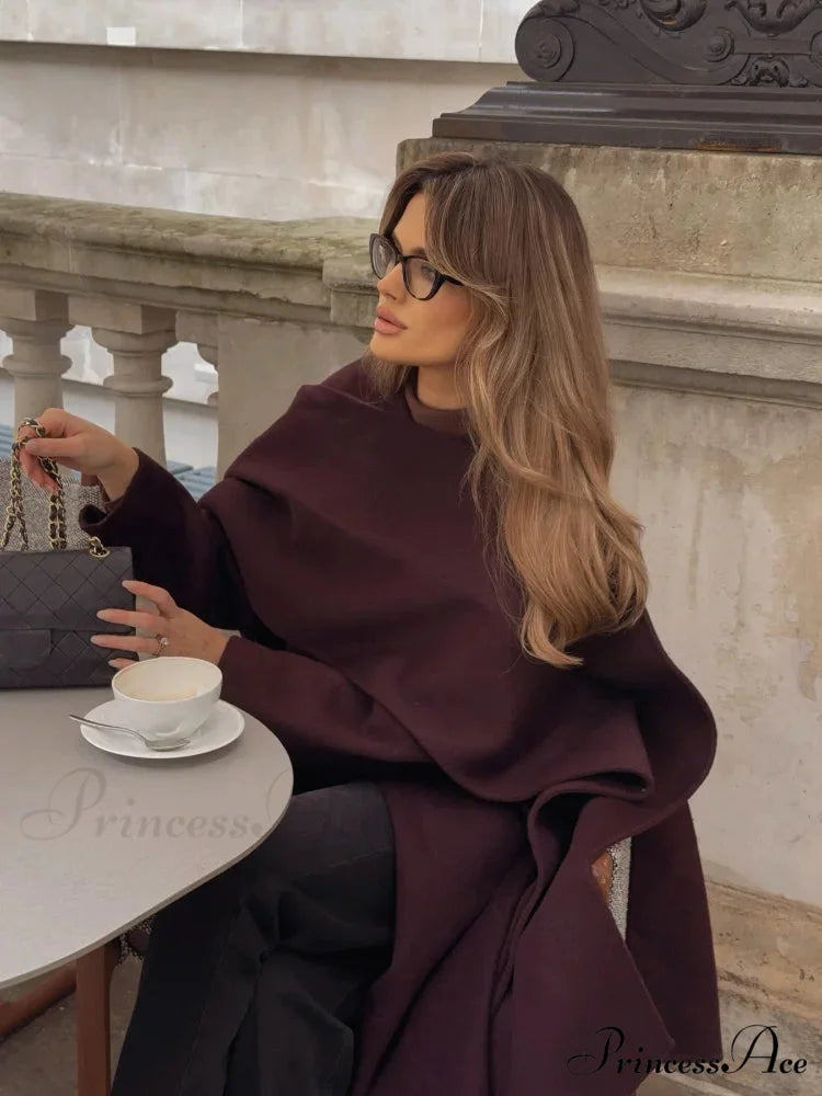 Burgundy Scarf Collar Wool Coat