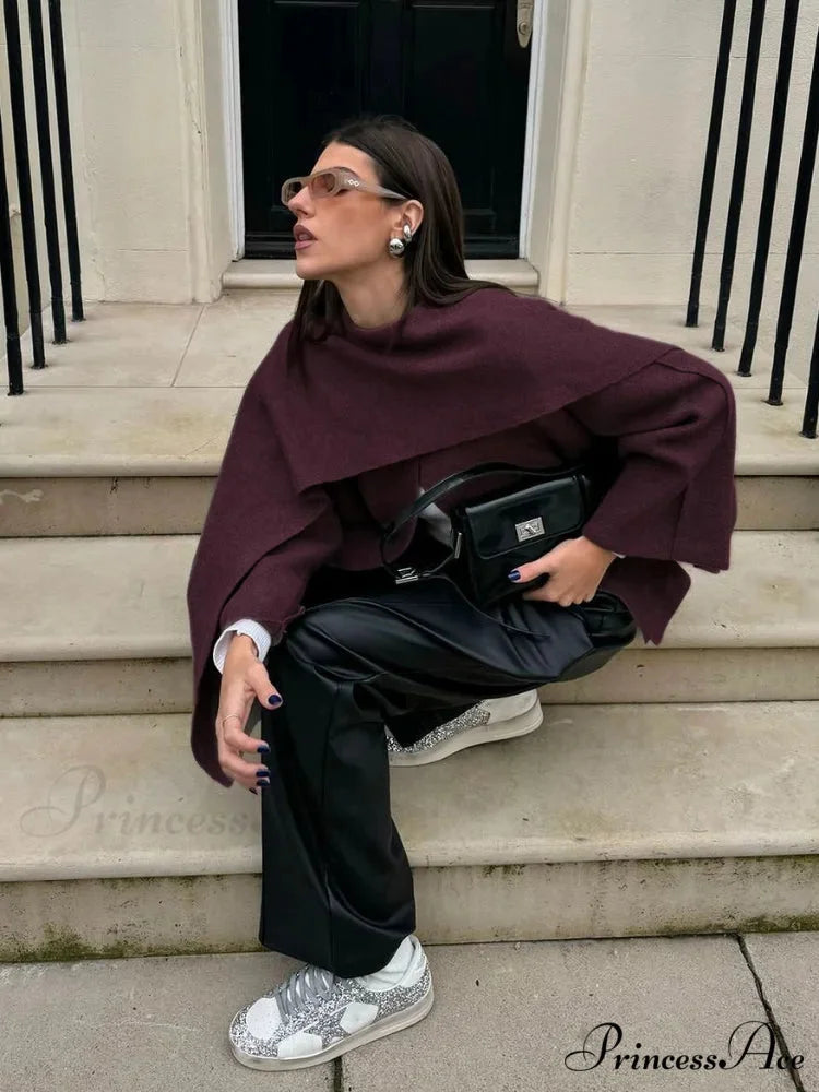 Burgundy Scarf Collar Wool Coat