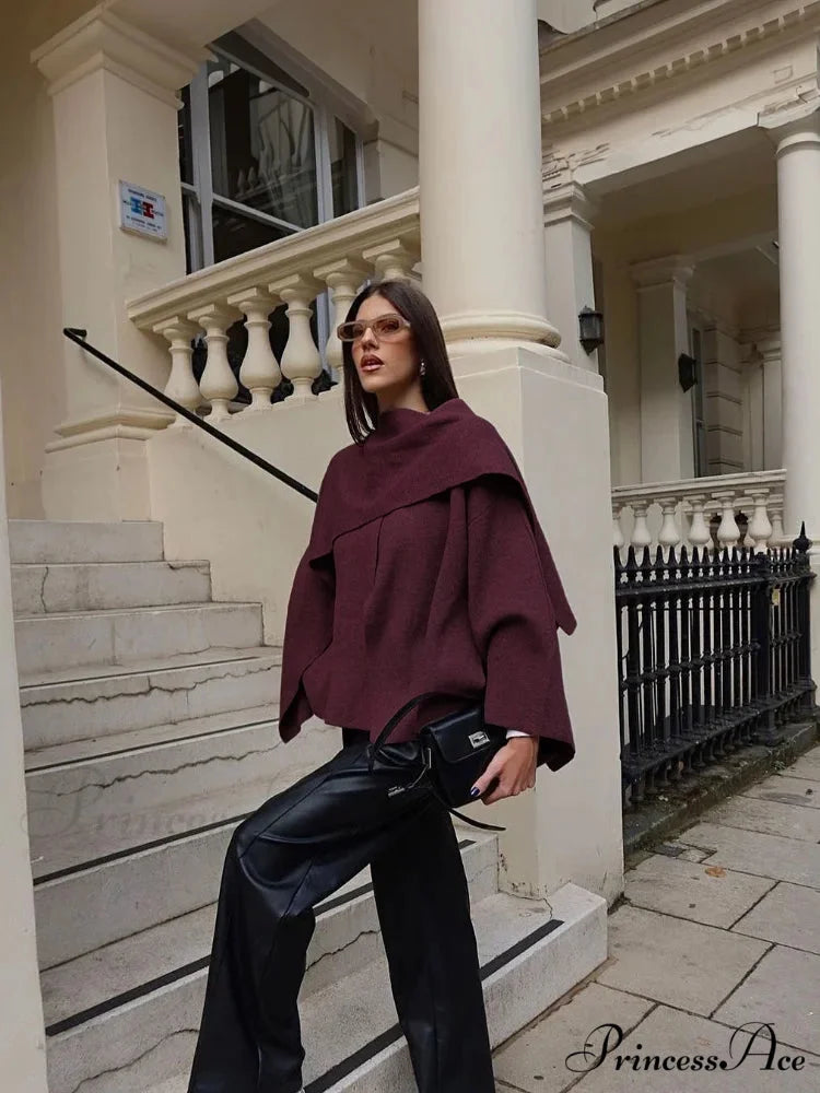 Burgundy Scarf Collar Wool Coat