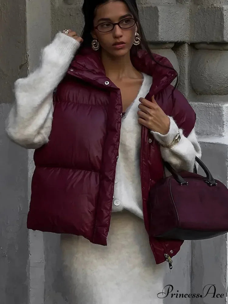 Burgundy Snap Buttons Stand Collar Vest Coat Dark red / S