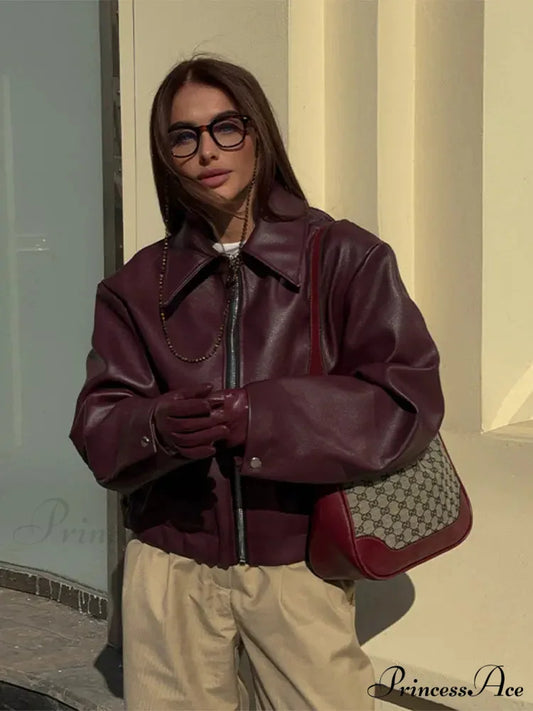 Burgundy Zipper Front PU Leather Coat Wine Red / S