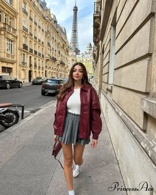 Burgundy Zipper Leather Bomber Coat Burgundy / S