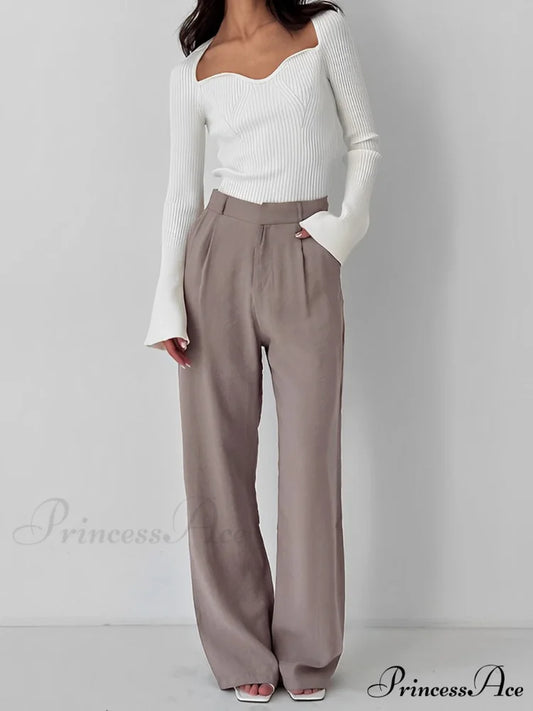 Business Casual Pleat Trendy Wide Leg Dress Pants Light Brown / XS