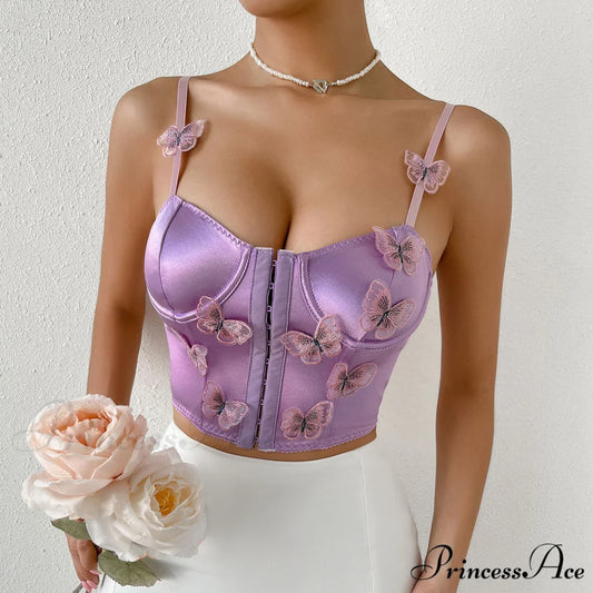 Butterfly Applique Hook and Eye Classic Silky Satin Corset Top - Champagne S / Purple