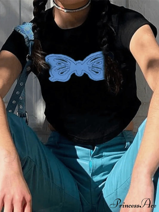 Butterfly Long Graceful Sleeve Ribbed Top Black / S