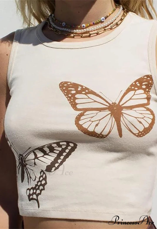 Butterfly Print Graceful Crop Tank Top Khaki / S