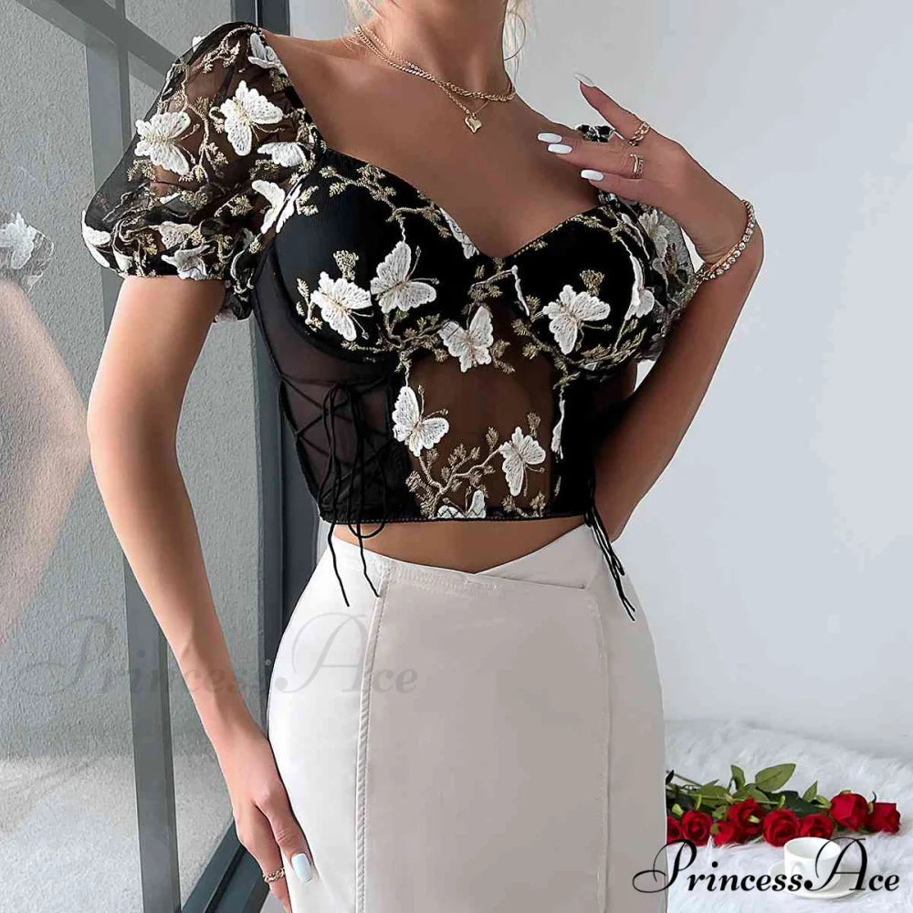 Butterfly Whispers Embroidery Charming Mesh Corset Top Black / S
