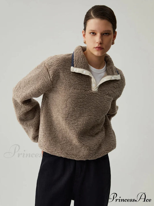 Button Down Collar Trendy Contrast Trim Sherpa Sweater Camel / XS