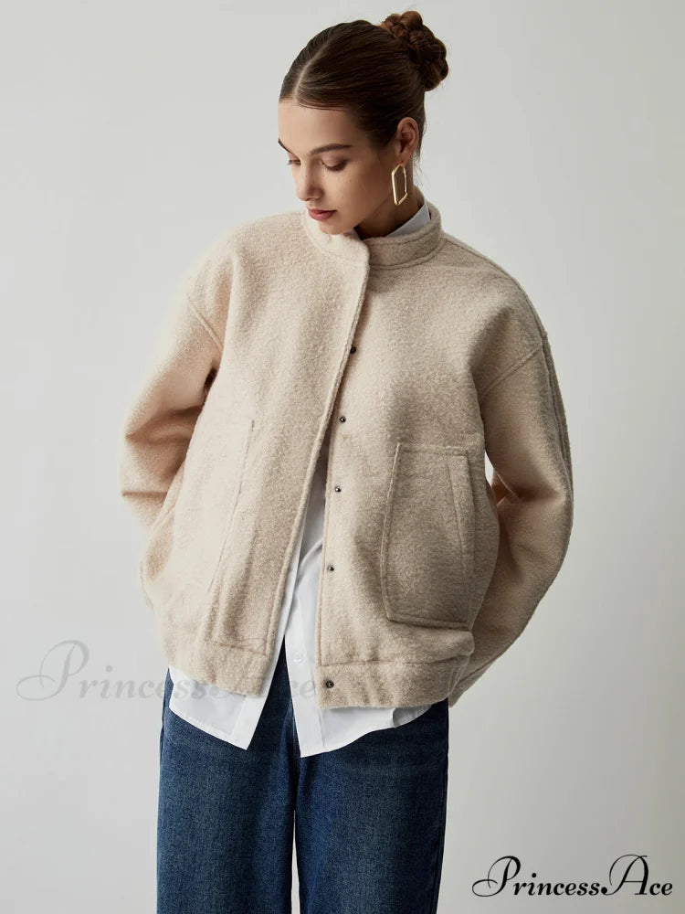 Button Down Double Trendy Pockets Bomber Jacket Khaki / XS