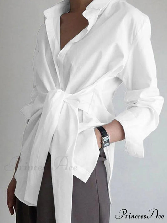 Button Down Graceful Tied Long Shirt White / XS