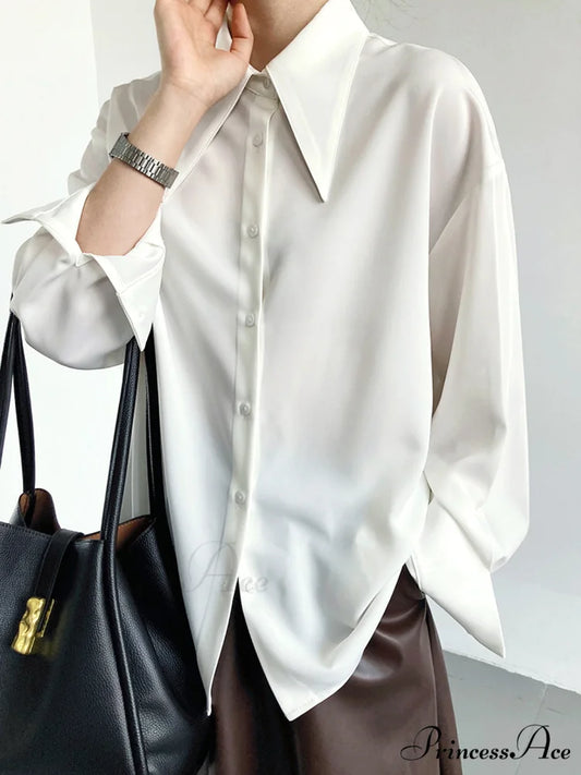 Button Down Long Trendy Sleeve Collar Shirt White / S