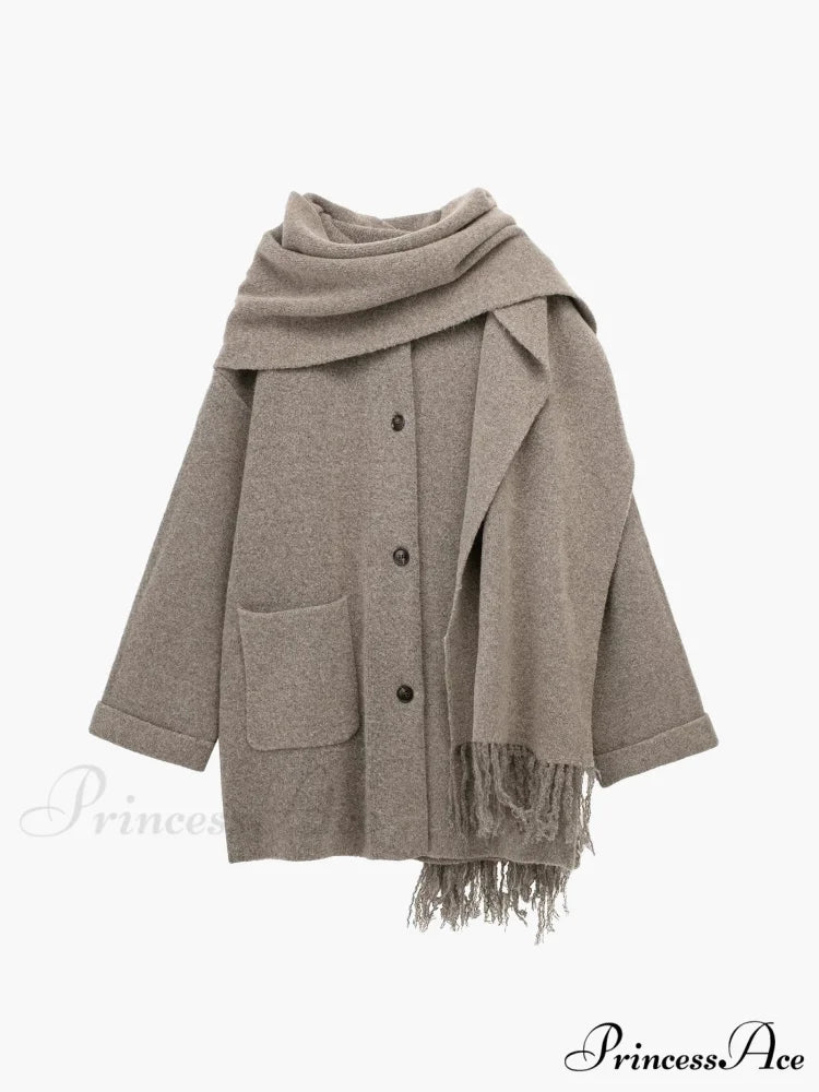 Button Down Pocket Coat Modern with Matching Tassel Scarf
