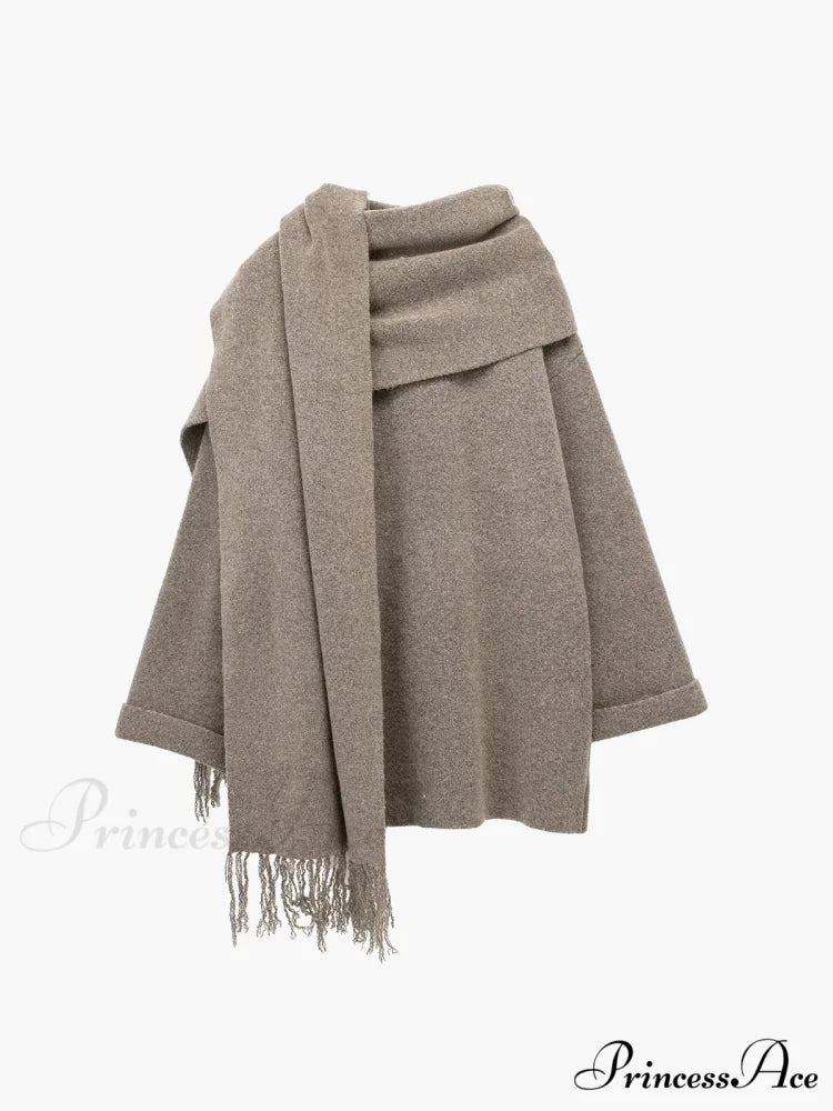 Button Down Pocket Coat Modern with Matching Tassel Scarf