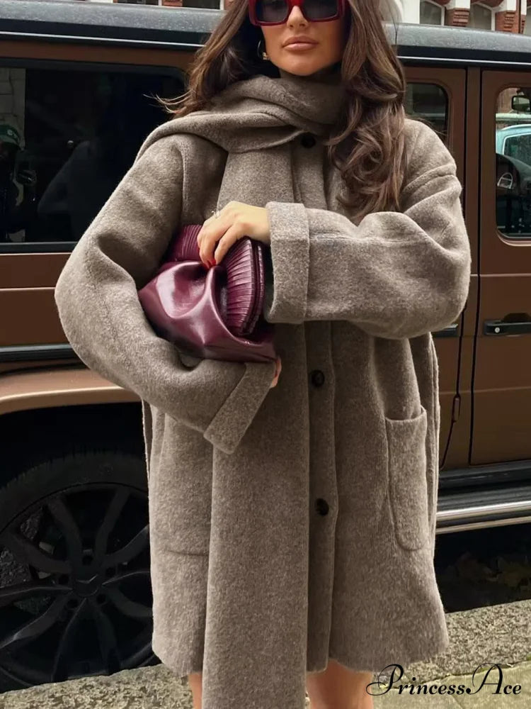 Button Down Pocket Coat Modern with Matching Tassel Scarf