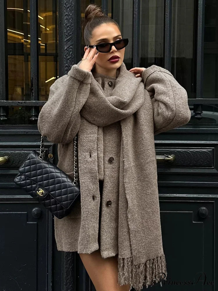Button Down Pocket Coat Modern with Matching Tassel Scarf Khaki / S