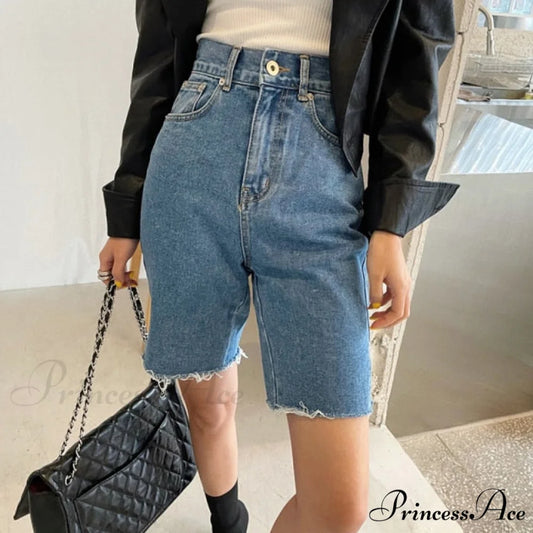 Button Fly Straight Denim Shorts blue / S