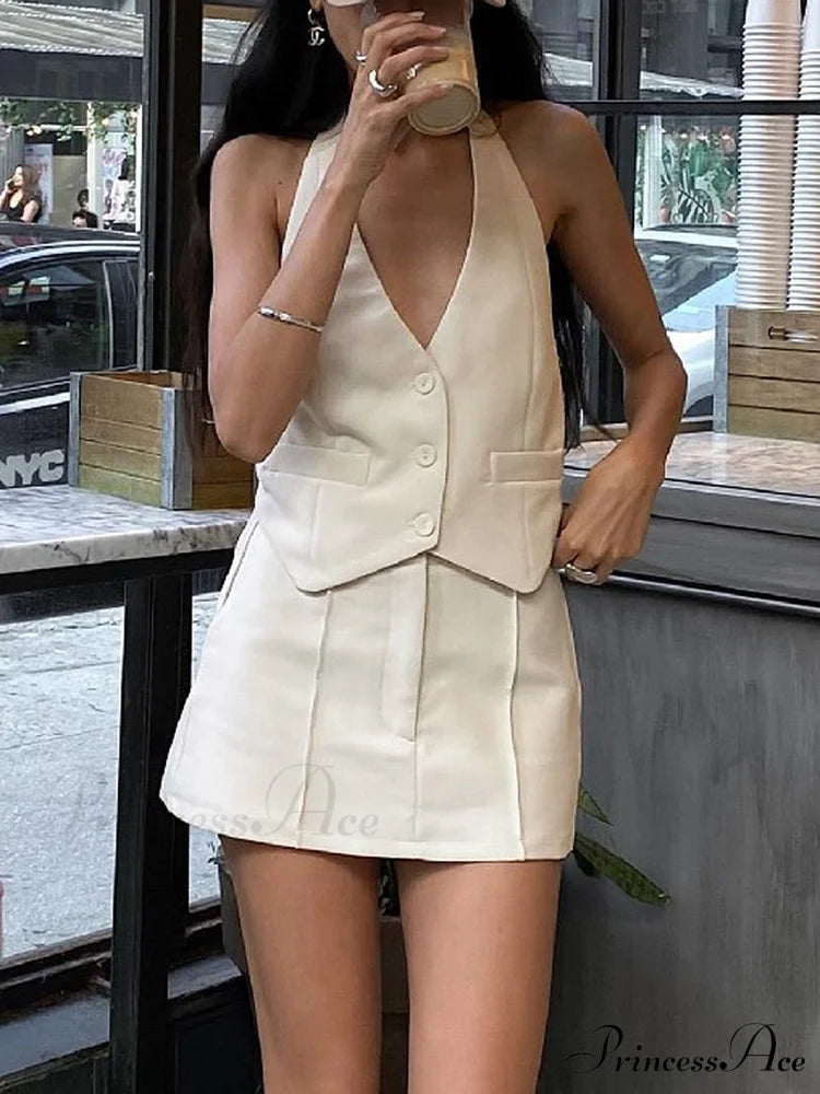 Button Front Halter Neck Backless Classic Vest Blazer With Skirt Set Apricot / XS