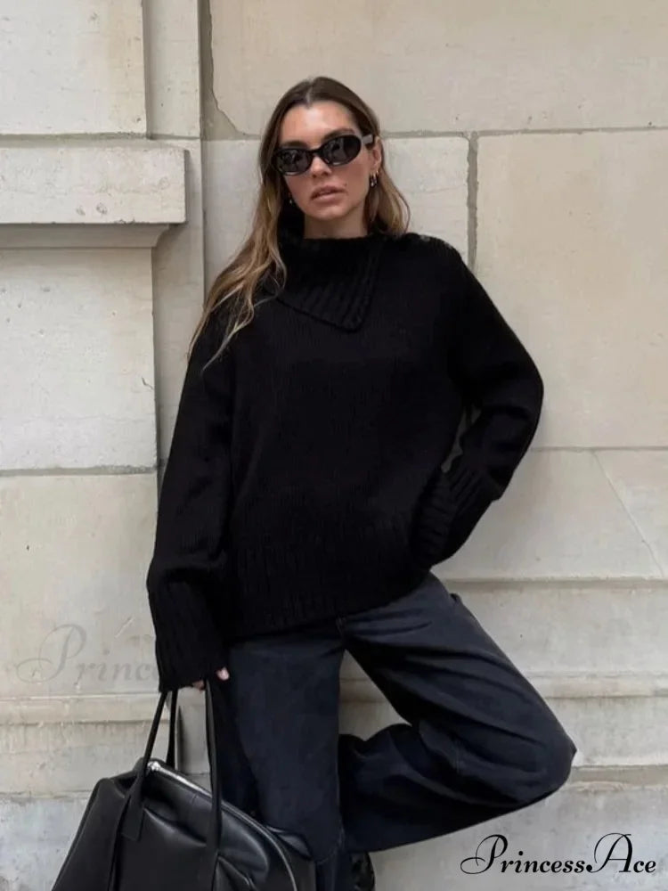 Button High-neck Baggy Pullover Jumper swraters-241228