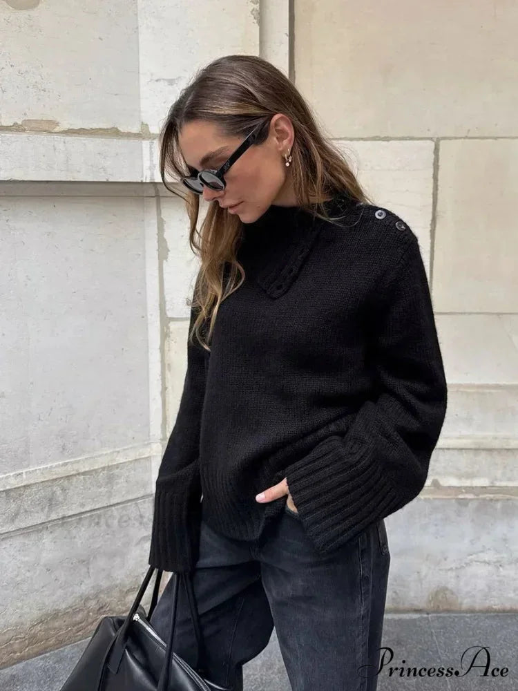 Button High-neck Baggy Pullover Jumper swraters-241228