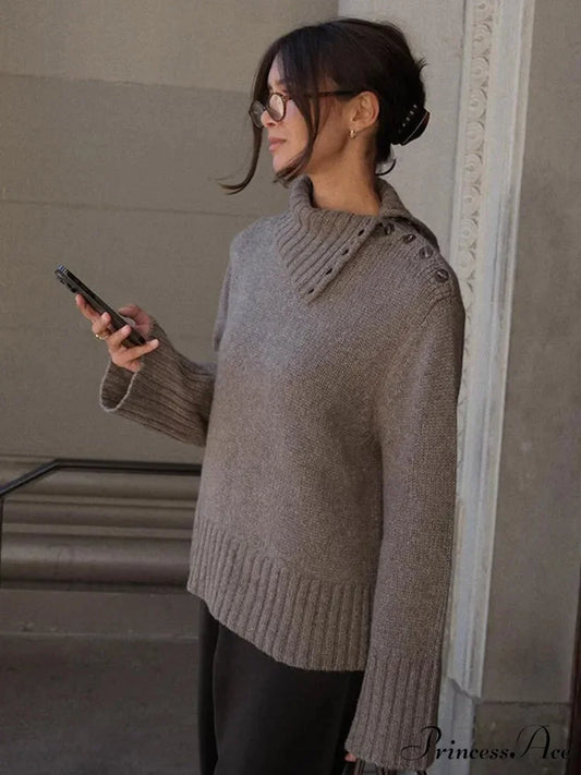 Button High-neck Baggy Pullover Jumper swraters-241228