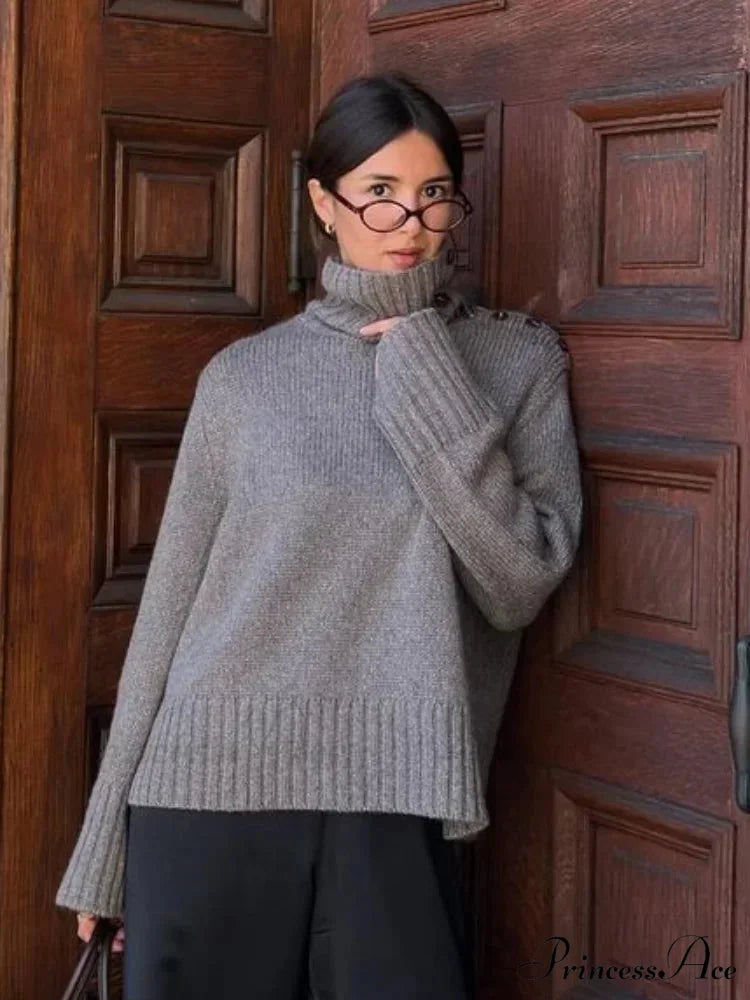 Button High-neck Baggy Pullover Jumper swraters-241228