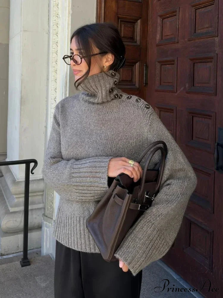 Button High-neck Baggy Pullover Jumper swraters-241228