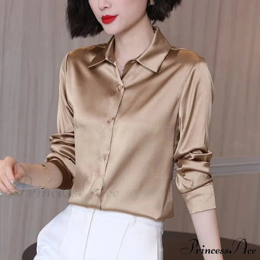 Button Satin - Women’s Blouse Silk Luxury Office Crepe Up Elegant Top champagne / S