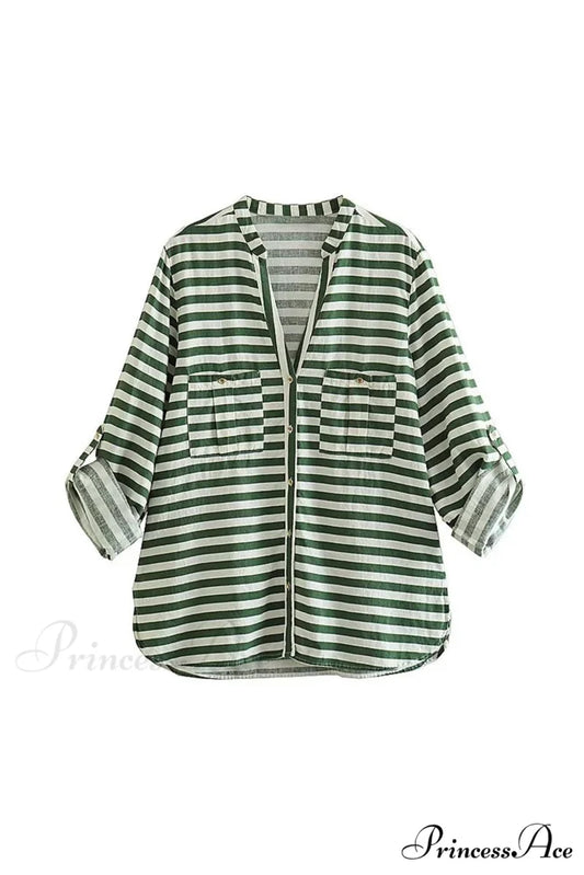 Button-Up Arm Pocket V-neck Roll-up Top Green Striped / XS
