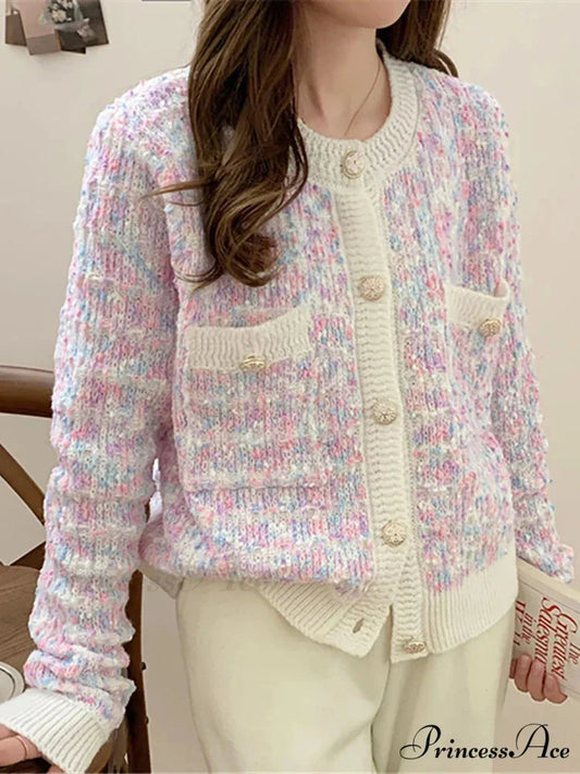 Button-Up Baggy Knit Korean Style Fall Winter Cardigan White Purple / One Size cardiagn-250126