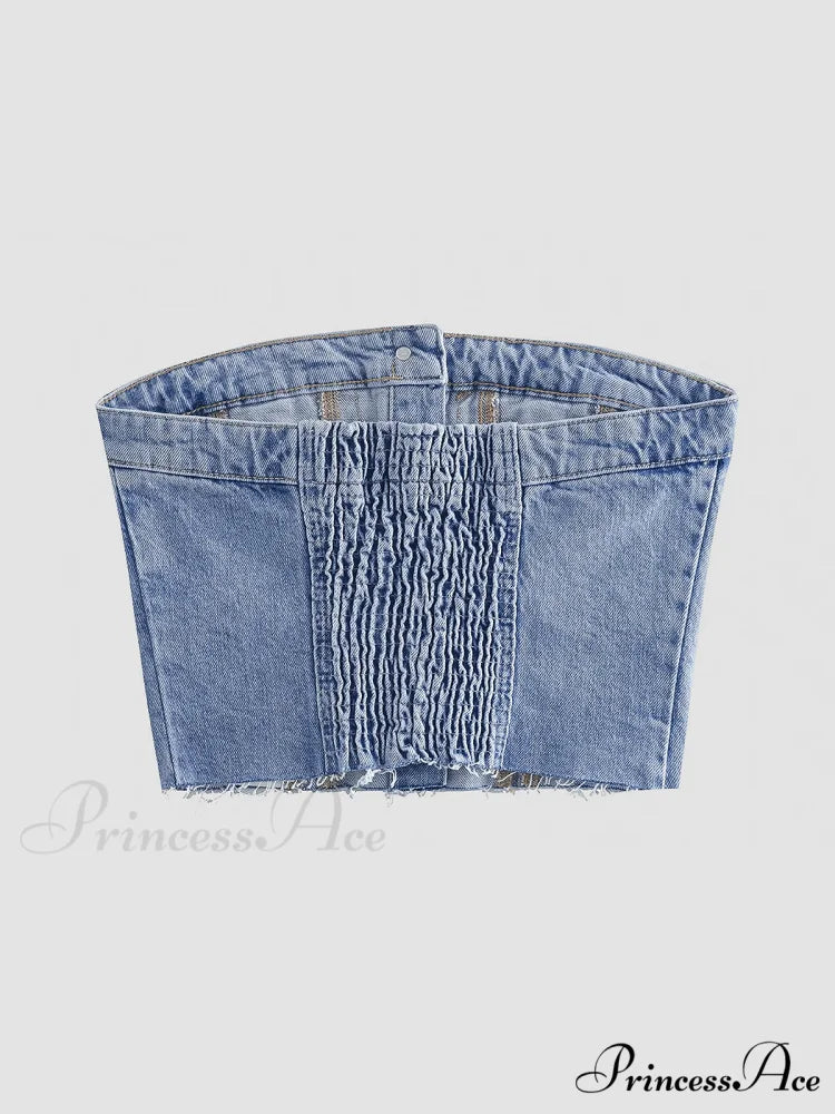 Button Up Denim Trendy Strapless Tube Top