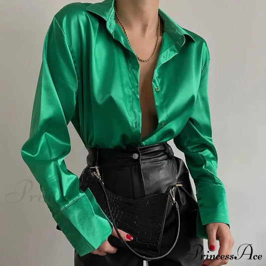Button Up Glossy Long Sleeve Ivory Blouse Green / S blouse-250223