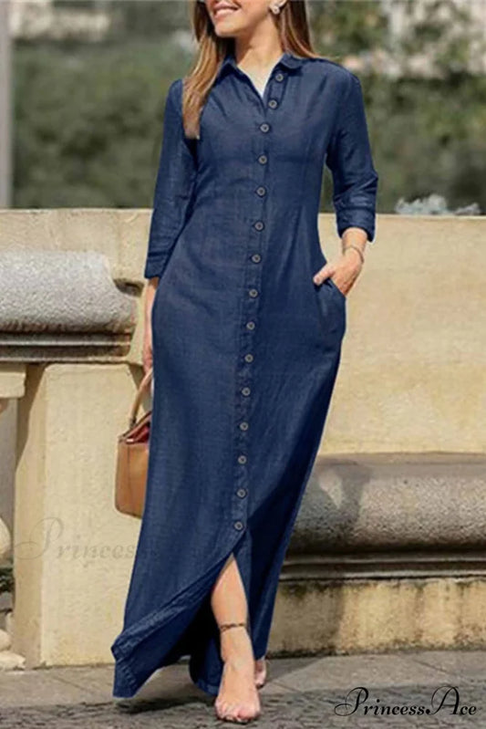 Button Up Shirt Dress with Lapel Dark Blue / S