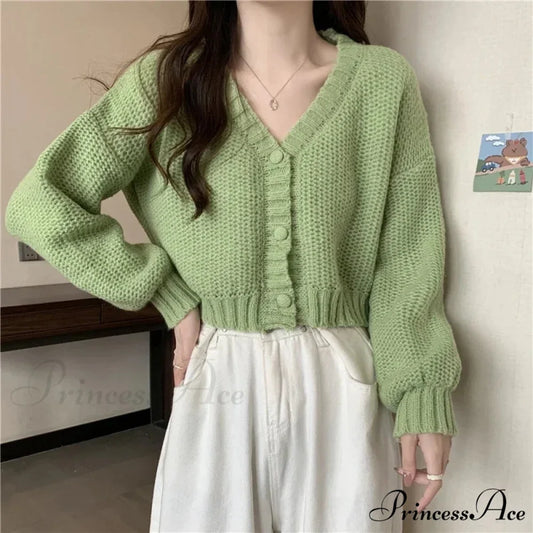 Button-Up V-Neck Charming Informal Knit Cardigan GREEN / One Size cardiagn-250126