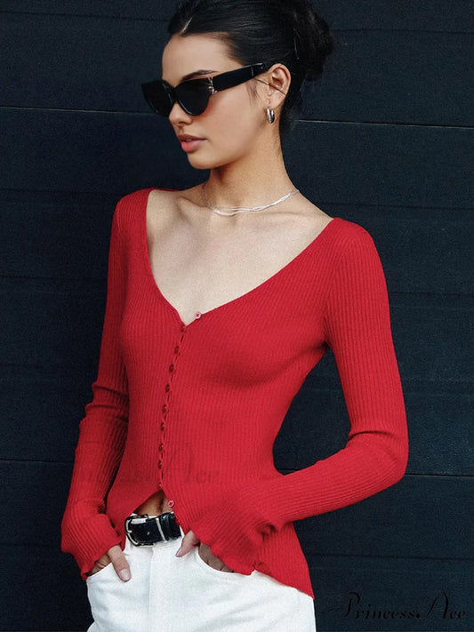 Button V Graceful Neck Knit Cardigan Red / S