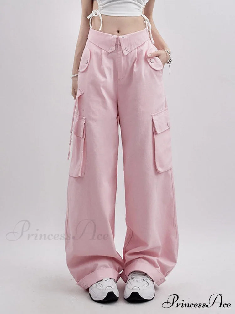 Buttoned Green Graceful Baggy Boyfriend Jeans Pink / S