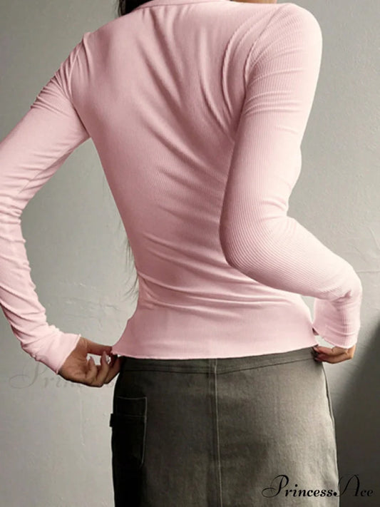buttoned top U-neck long-sleeved knitted for women