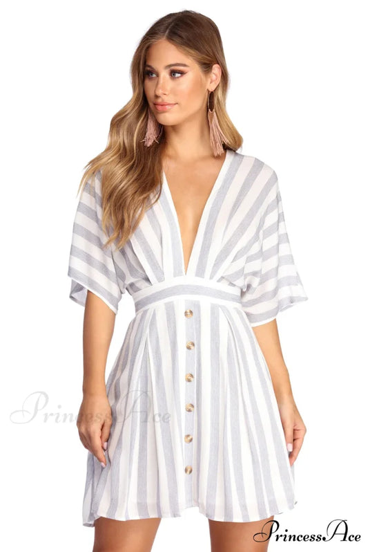 Buttoned Up Stylish In Stripes Dress BLUE / S