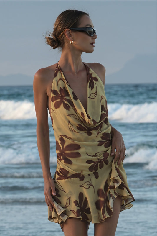 Vacation Halter Floral Backless Mini Dress