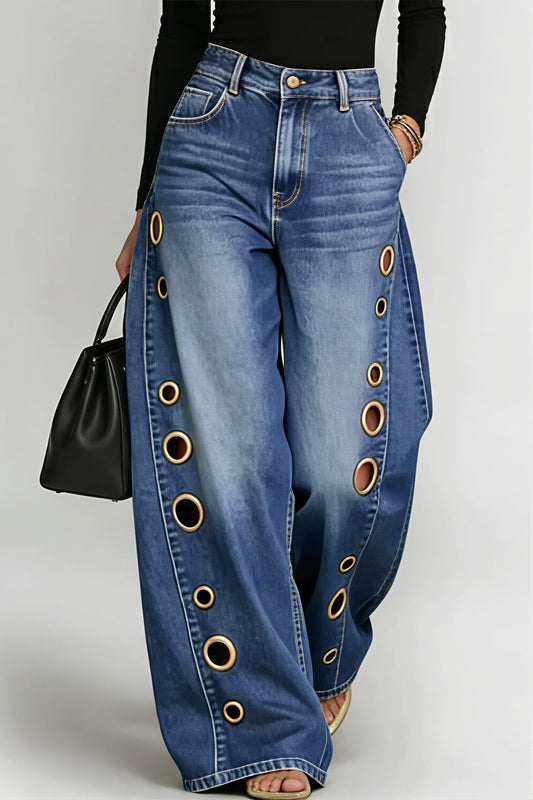 Grommet-Detail Wide-Leg Jeans