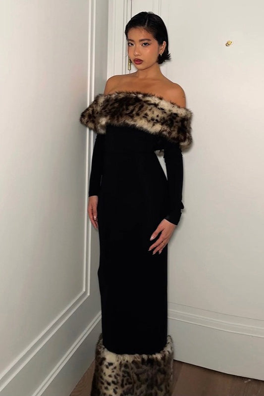 Sexy Off-shoulder Leopard Print Fur Trim Bodycon Maxi Dress