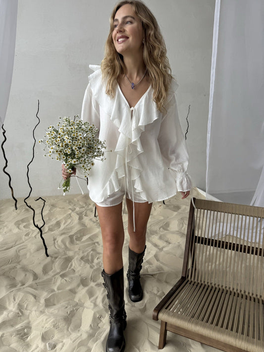 Ruffled Hem Tie Front Cardigan & Shorts Set Blouse
