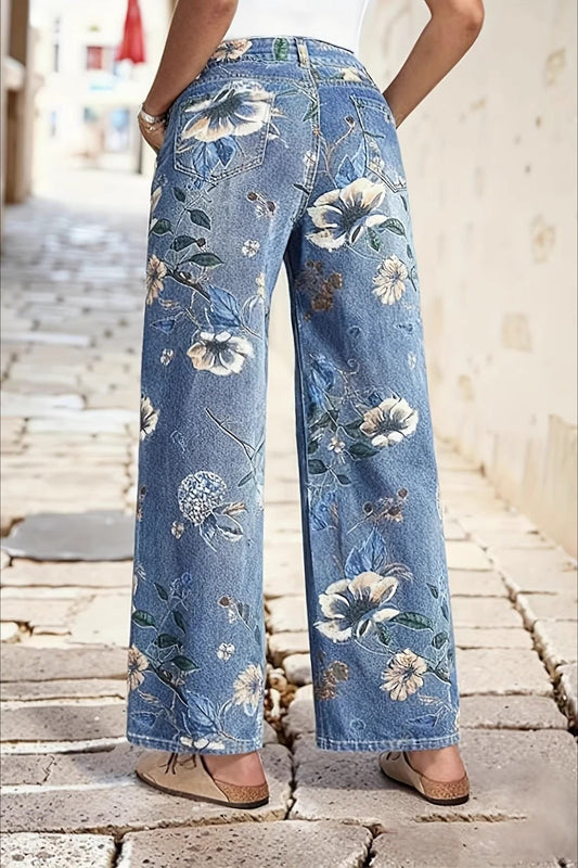 Floral Print Wide-Leg Jeans