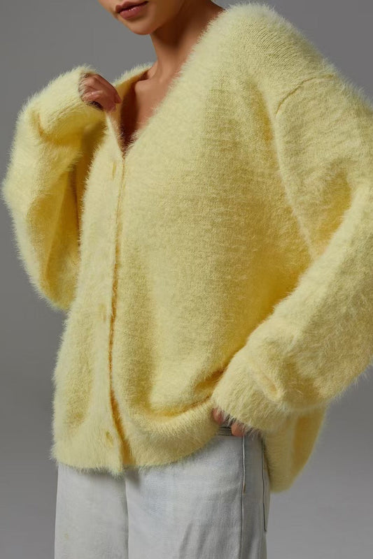Fuzzy Balloon Sleeve V Neck Knit Cardigan